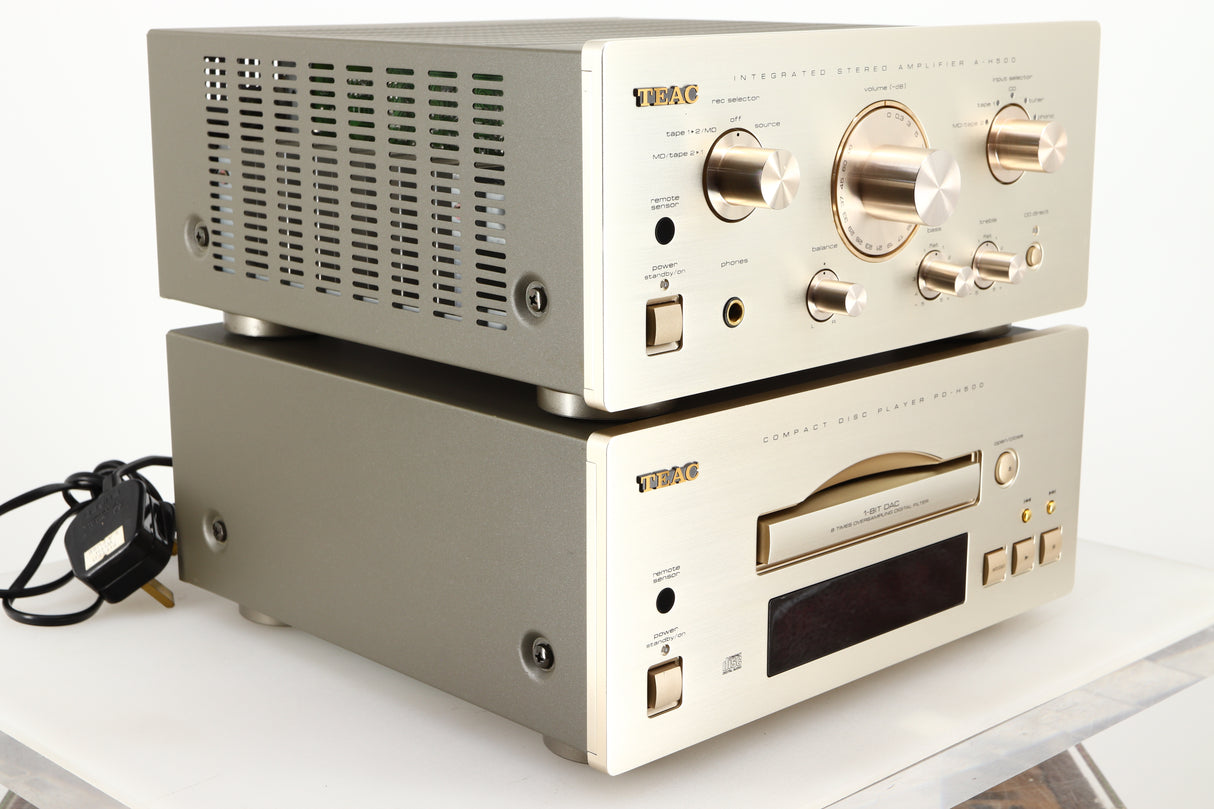 Front left corner of a used Teac A-H500 Integrated Amplifier / PD-H500 CD Player in a silver finish 