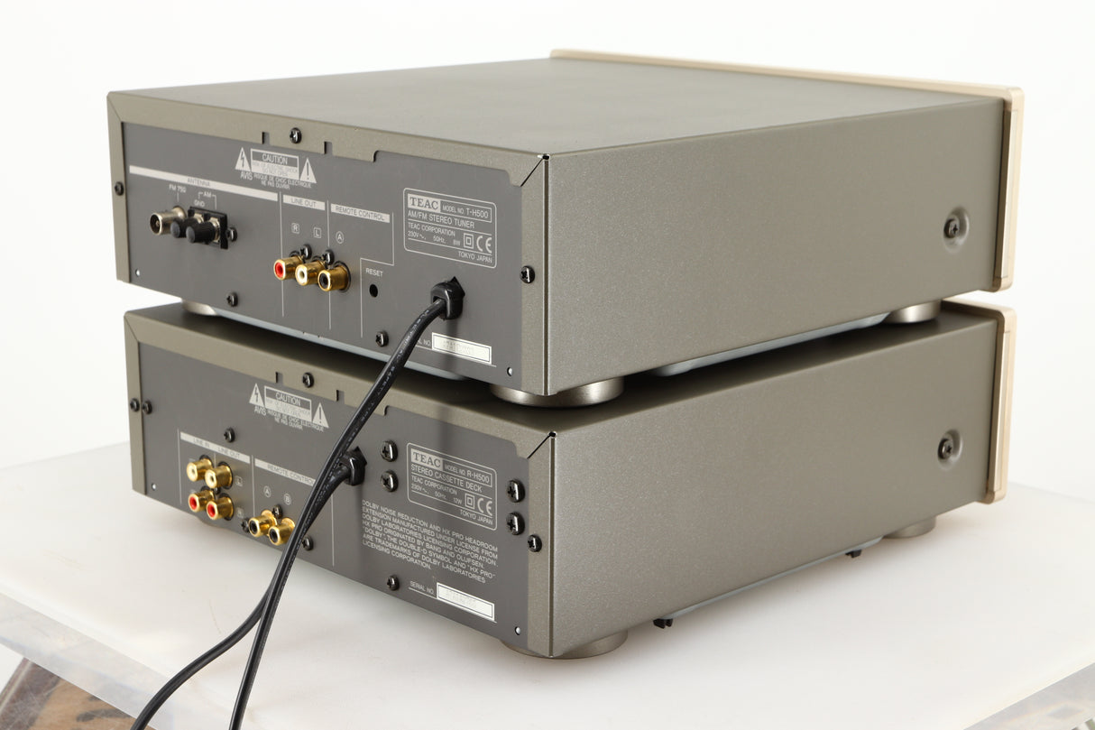 Rear left corner of a used Teac T-H500 AM/FM Tuner / R-H500 Stereo Cassette Deck in a silver finish 