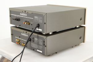 Rear left corner of a used Teac T-H500 AM/FM Tuner / R-H500 Stereo Cassette Deck in a silver finish 