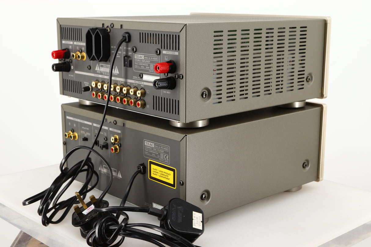 Rear left corner of a used Teac A-H500 Integrated Amplifier / PD-H500 CD Player in a silver finish 