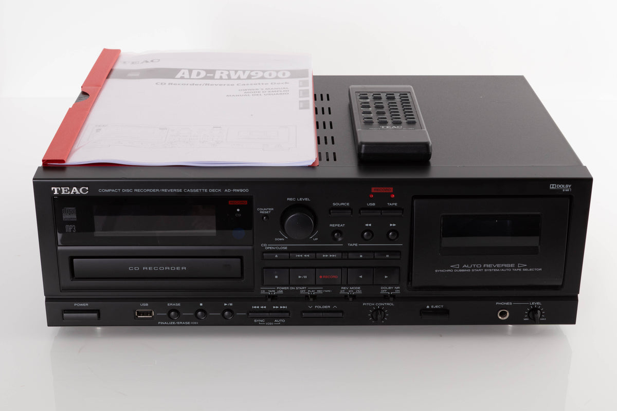 Front view of a used TEAC AD-RW900 CD Cassette Recorder with manual, and remote