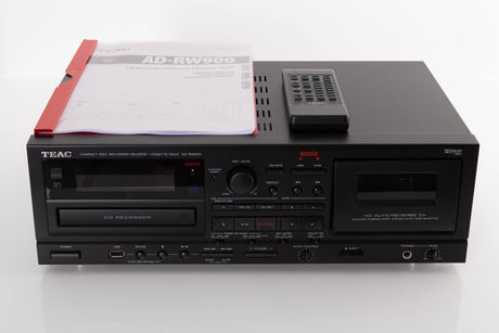 Front view of a used TEAC AD-RW900 CD Cassette Recorder with manual, and remote