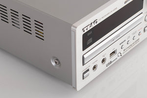 Front left corner view of a used TEAC CR-H255 CD Receiver in Silver