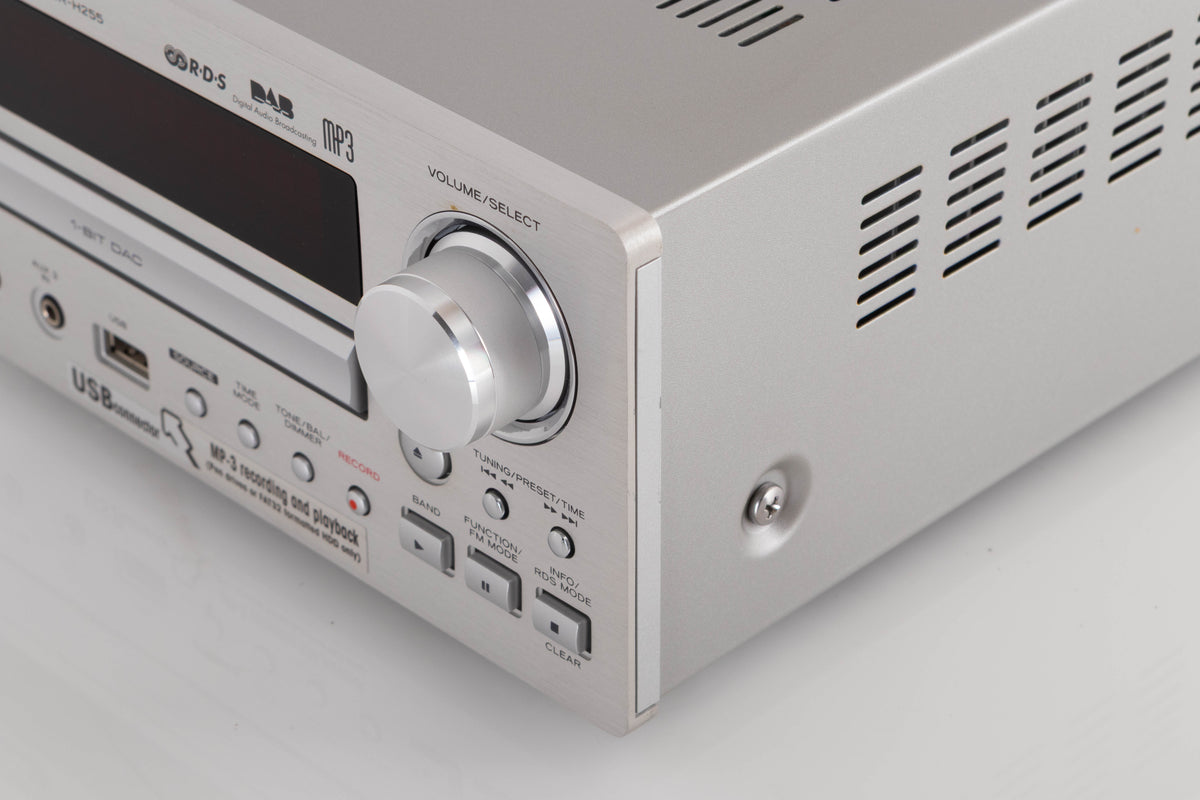 Front right corner view of a used TEAC CR-H255 CD Receiver in Silver