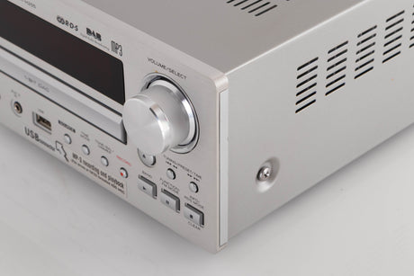 Front right corner view of a used TEAC CR-H255 CD Receiver in Silver