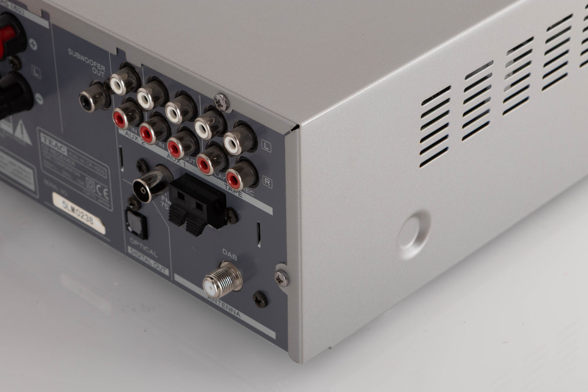 Rear right corner view of a used TEAC CR-H255 CD Receiver in Silver