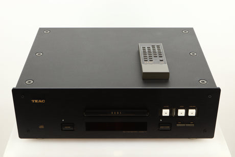 Top view of used Teac VRDS-T1 CD Transport in Black finish showing the remote