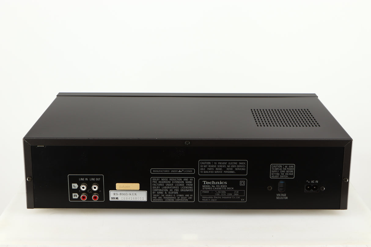 Rear view of a used Technics RS-B905 Cassette Deck showing Power Input, Phono Inputs and Phono Outputs