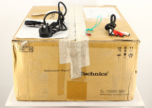 Box for a used Technics SL-1500C Turntable in a silver finish showing Manual, Mains Cable, Interconnect Cable and Spade Cable
