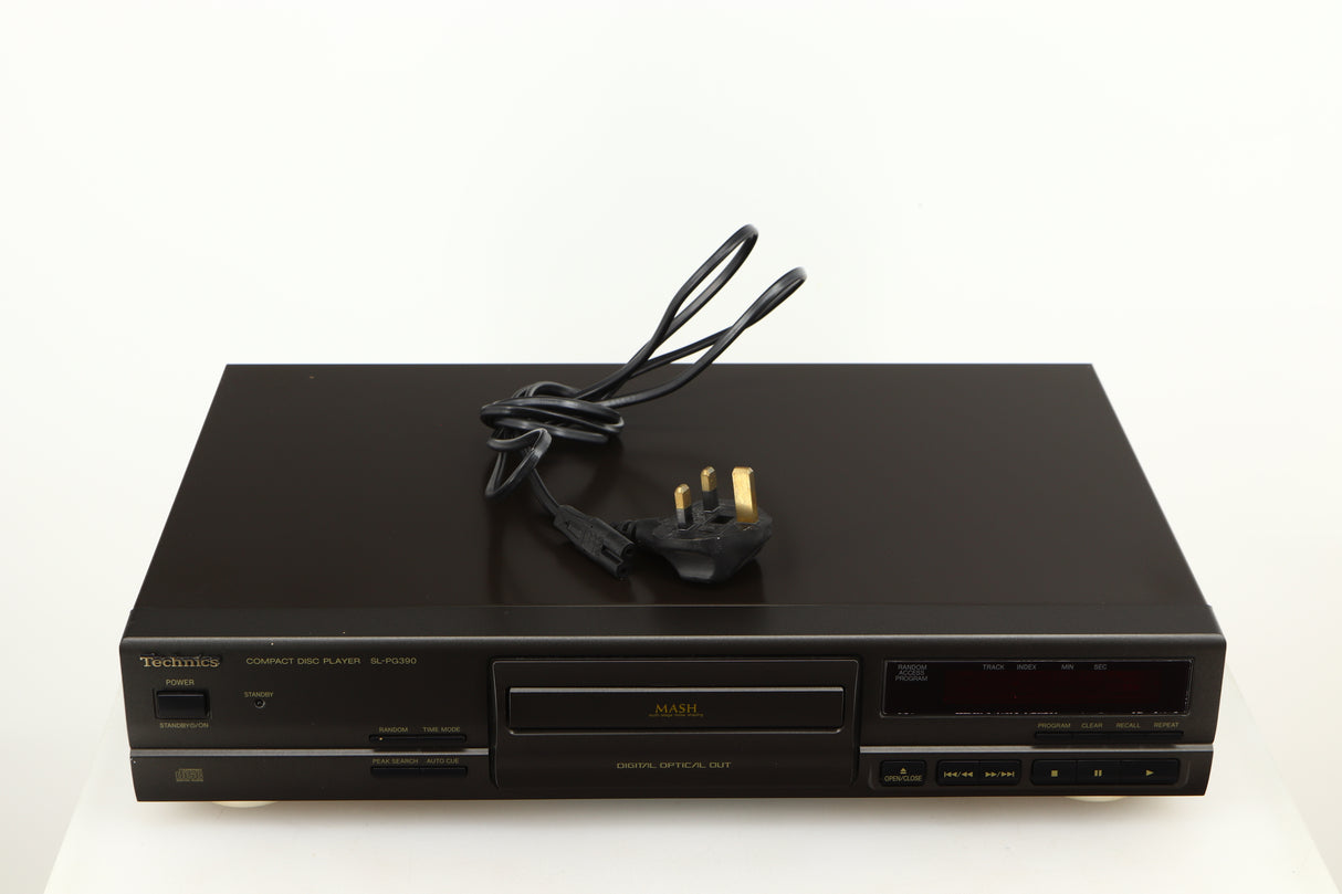 Top of a used Technics SL-PG390EB-K CD Player in a grey finish showing Power Cable