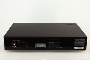 Rear view of a used Technics SL-PG390EB-K CD Player in a grey finish showing Power Input and Phono Outputs
