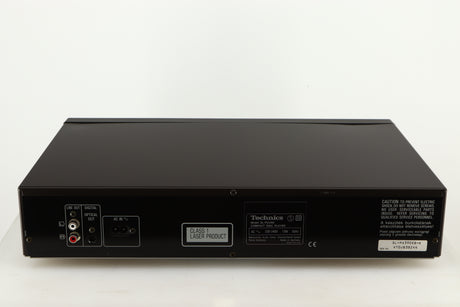 Rear view of a used Technics SL-PG390EB-K CD Player in a grey finish showing Power Input and Phono Outputs