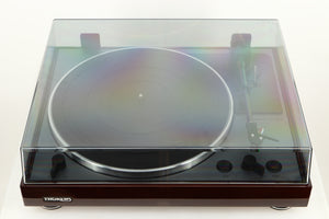 Top view of a used Thorens TD-102A Turntable in Walnut finish showing lid