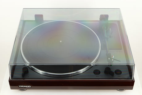 Top view of a used Thorens TD-102A Turntable in Walnut finish showing lid