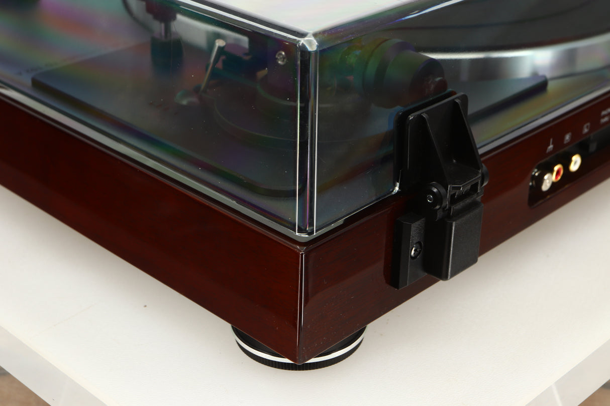 Rear left corner view of a used Thorens TD-102A Turntable in Walnut finish