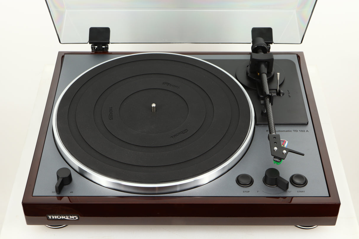 Top view of a used Thorens TD-102A Turntable in Walnut finish