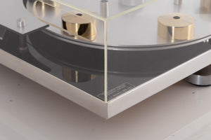 Front left corner view of a used Transcriptor Hydraulic Reference Turntable with Fluid Tonearm