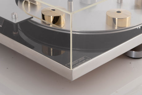 Front left corner view of a used Transcriptor Hydraulic Reference Turntable with Fluid Tonearm
