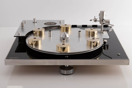 Front view of a used Transcriptor Hydraulic Reference Turntable with Fluid Tonearm