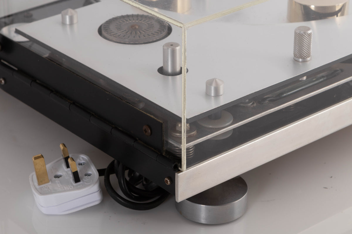 Rear right corner view of a used Transcriptor Hydraulic Reference Turntable with Fluid Tonearm