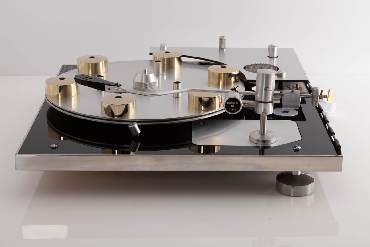 Side view of a used Transcriptor Hydraulic Reference Turntable with Fluid Tonearm