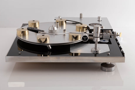 Side view of a used Transcriptor Hydraulic Reference Turntable with Fluid Tonearm