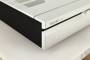 Front left corner view of a used Trilogy Audio H1 Valve Headphone Energiser in Natural finish