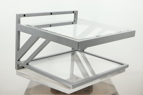 Front left corner of a used TTW Turntable Wall Mount in a silver finish