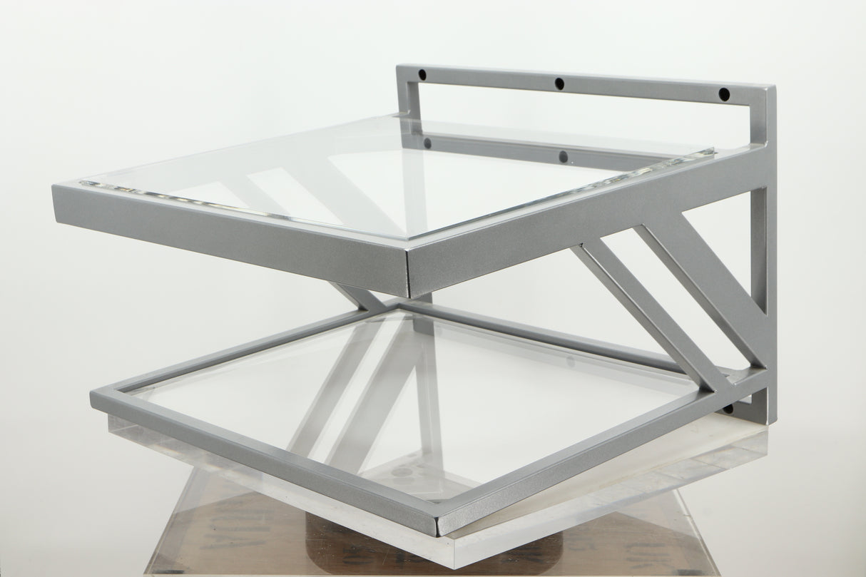 Front right corner of a used TTW Turntable Wall Mount in a silver finish