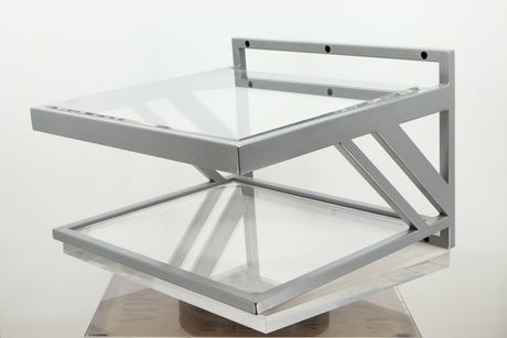 Front right corner of a used TTW Turntable Wall Mount in a silver finish
