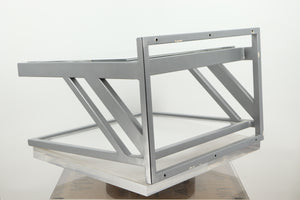 Rear right corner of a used TTW Turntable Wall Mount in a silver finish