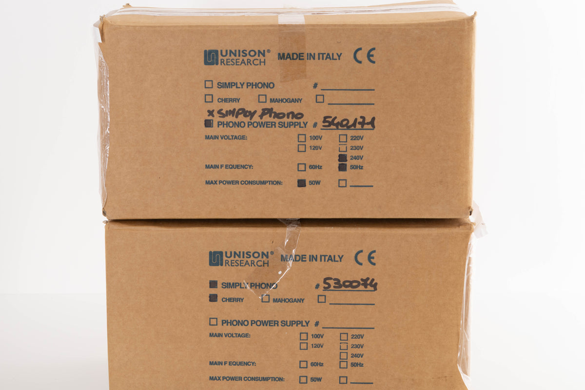Boxes of a used Unison Research Simply Phono Phonostage and Power Supply