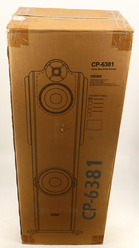 Box for a used Usher CP-6381 Floorstanding Speakers in a gloss black finish