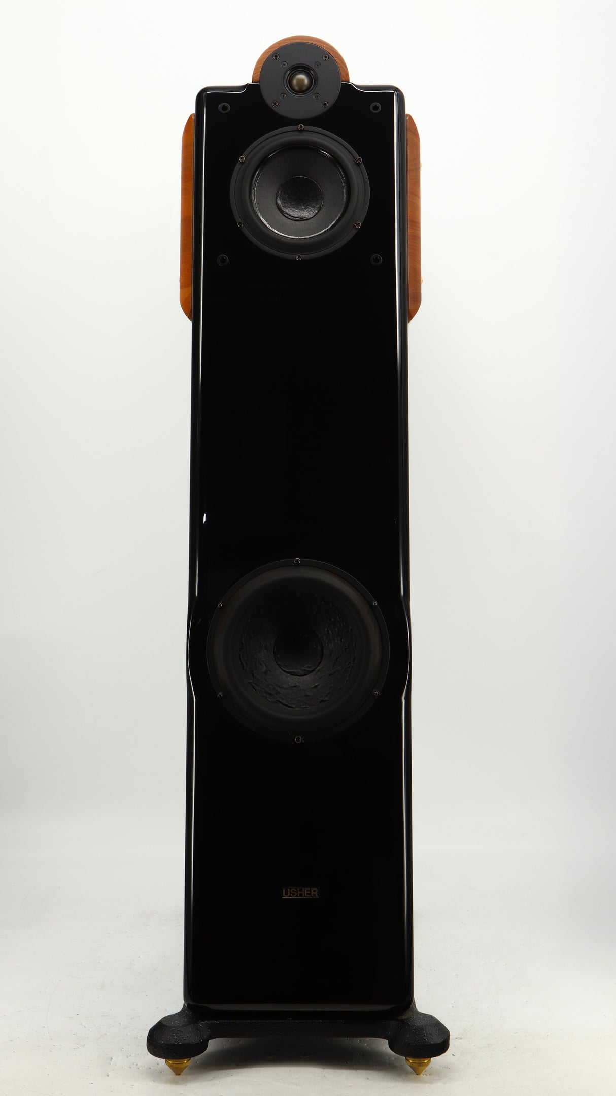 Front view of a used Usher CP-6381 Floorstanding Speakers in a gloss black finish