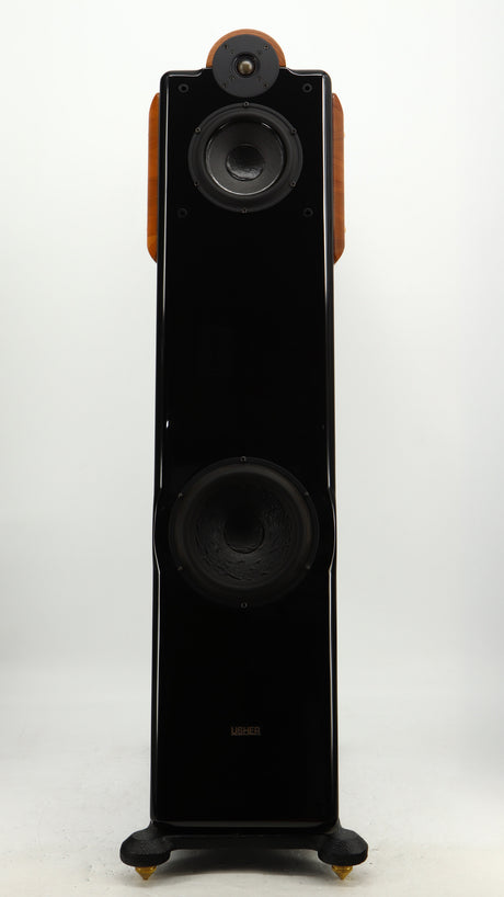 Front view of a used Usher CP-6381 Floorstanding Speakers in a gloss black finish