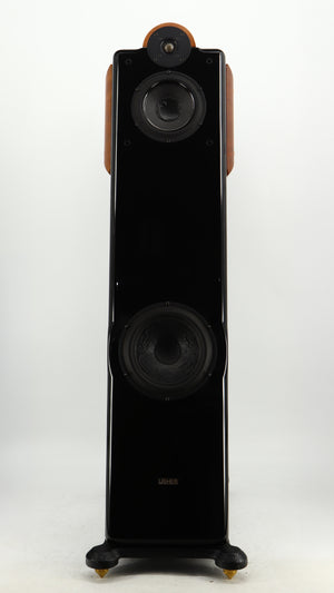 Front view of a used Usher CP-6381 Floorstanding Speakers in a gloss black finish