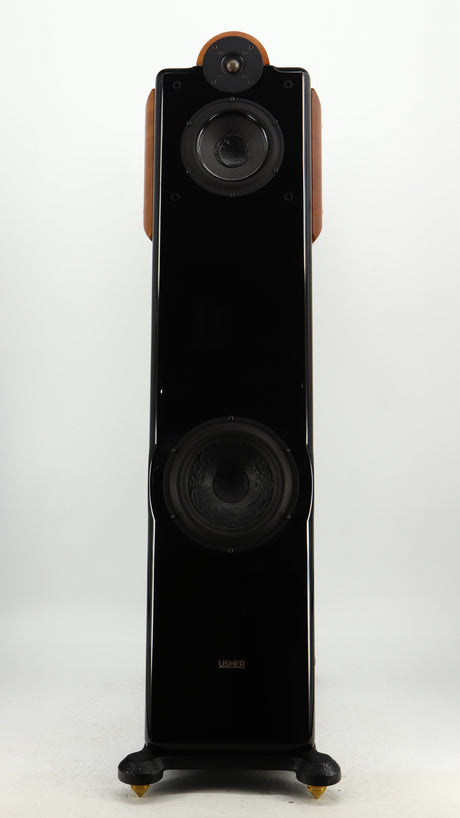 Front view of a used Usher CP-6381 Floorstanding Speakers in a gloss black finish
