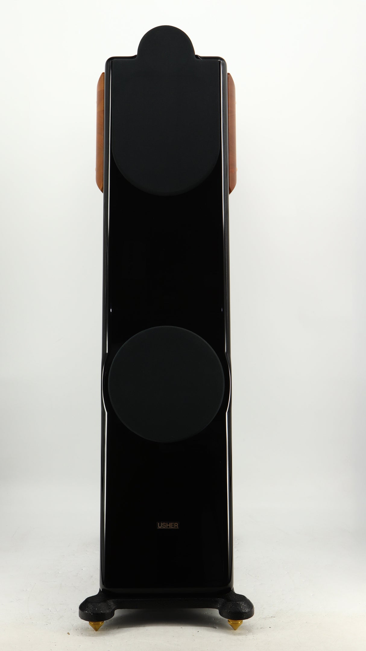 Front view of a used Usher CP-6381 Floorstanding Speakers in a gloss black finish showing Grilles