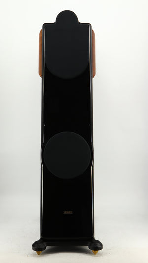 Front view of a used Usher CP-6381 Floorstanding Speakers in a gloss black finish showing Grilles
