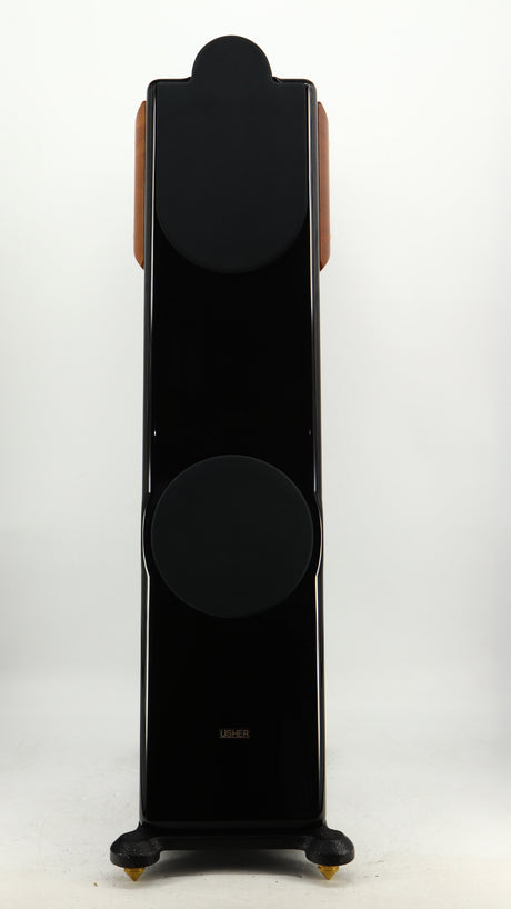 Front view of a used Usher CP-6381 Floorstanding Speakers in a gloss black finish showing Grilles