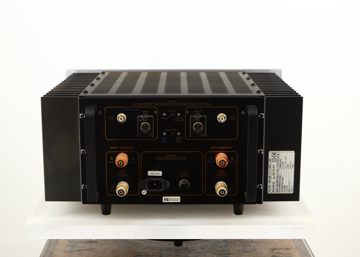 Rear view of a used Usher R1.5 Power Amplifier in a silver finish showing Mains Input, Phono Inputs and Balanced Inputs