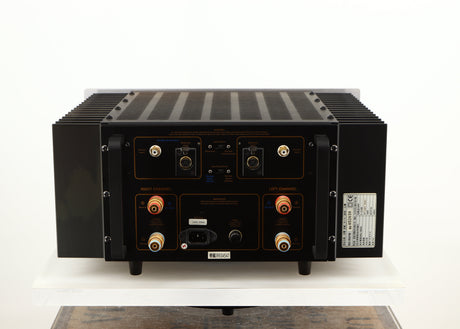 Rear view of a used Usher R1.5 Power Amplifier in a silver finish showing Mains Input, Phono Inputs and Balanced Inputs