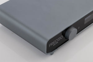 Front left corner of a used Volumio Preciso Digital Analogue Converter in a Silver finish