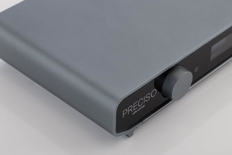Front left corner of a used Volumio Preciso Digital Analogue Converter in a Silver finish