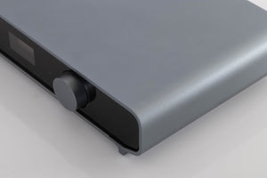 Front right corner of a used Volumio Preciso Digital Analogue Converter in a Silver finish