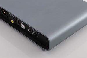 Rear left corner of a used Volumio Preciso Digital Analogue Converter in a Silver finish
