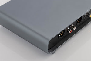 Rear right corner of a used Volumio Preciso Digital Analogue Converter in a Silver finish