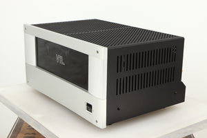 Front right corner of a used VTL ST85 Power Amplifier in a silver finish 