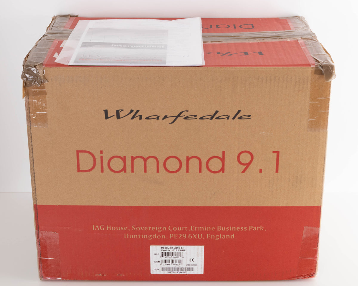 Box for a used Wharfedale Diamond 9.1 Standmount Speaker in a Walnut Pearl finish showing Manual