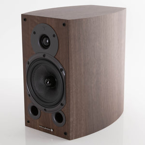 Front right corner of a used Wharfedale Diamond 9.1 Standmount Speaker in a Walnut Pearl finish